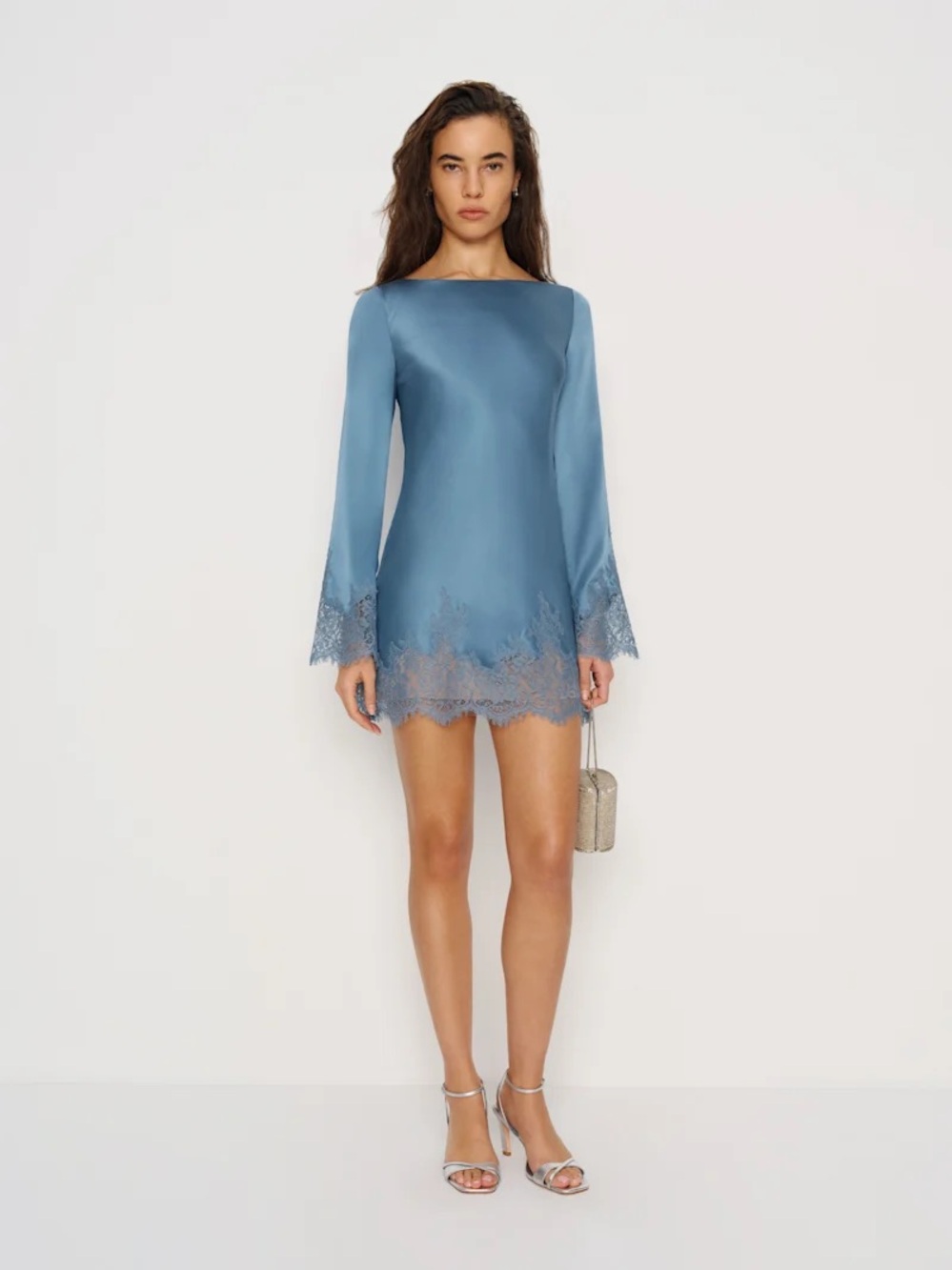🆕 REFORMATION Blanche Silk Mini Dress in Waves Blue Sz L